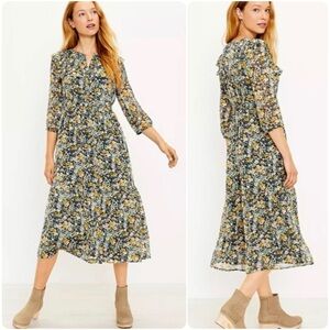 NWT LOFT Floral Ruffle Shoulder 3/4 Sleeve Midi Dress in Multi | Small